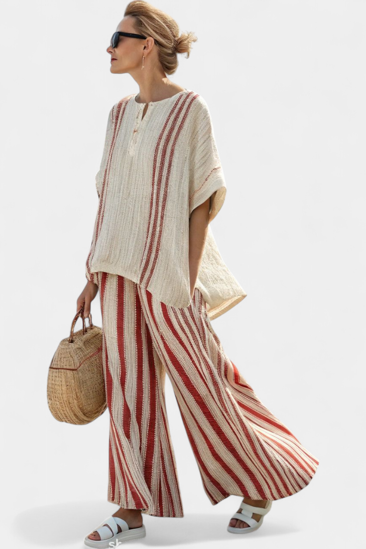 Emily | Red Striped Linen Trouser Set