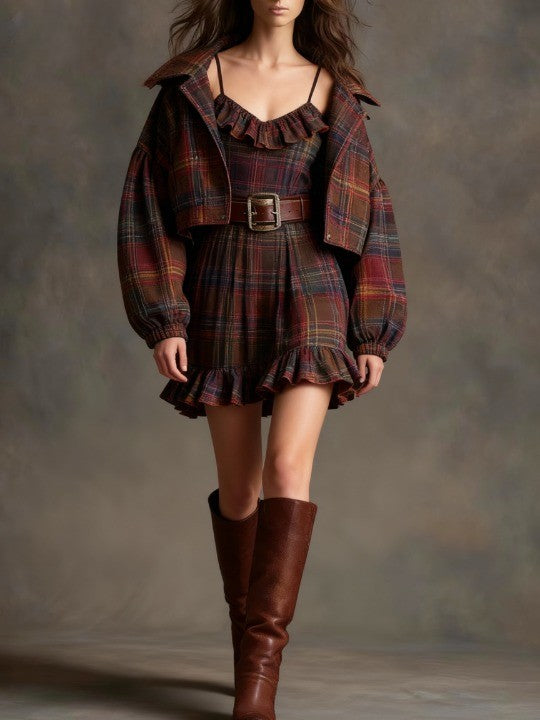Reese | Vintage Plaid Ruffle Dress and Jacket Set