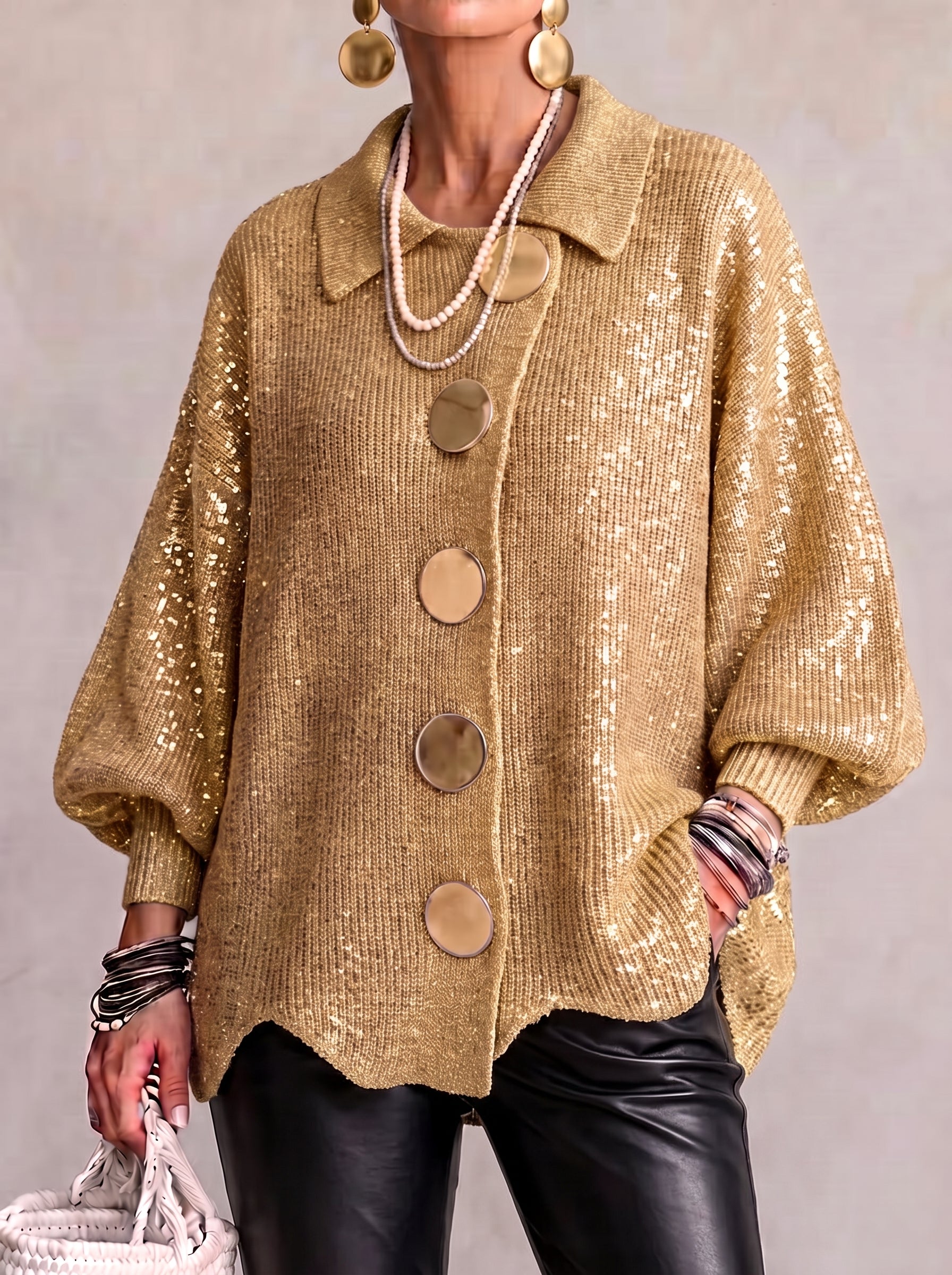 Elvinia | Oversized Collared Cardigan With Large Metal Buttons