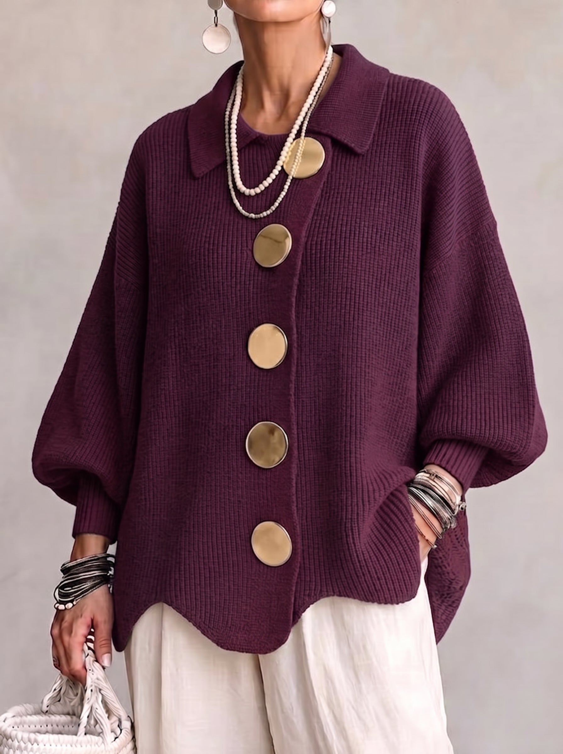 Elvinia | Oversized Collared Cardigan With Large Metal Buttons
