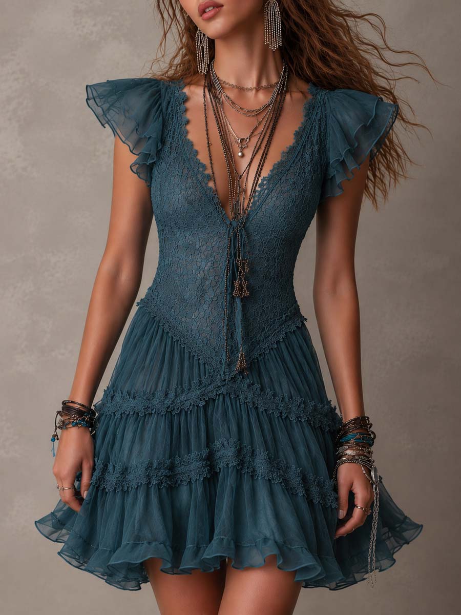 Adeline | Retro Blue Lace & Chiffon Ruffled Mini Dress