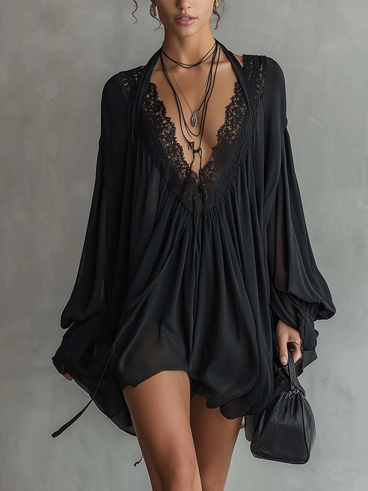 Melanie | Black Chiffon Halter Lace Neckline Mini Dress