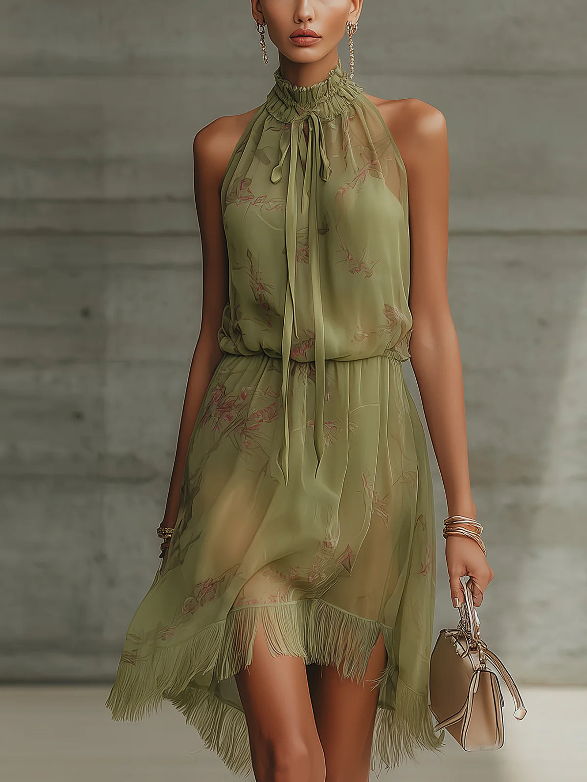Georgia | Green Floral Tie-Waist Chiffon Mini Dress