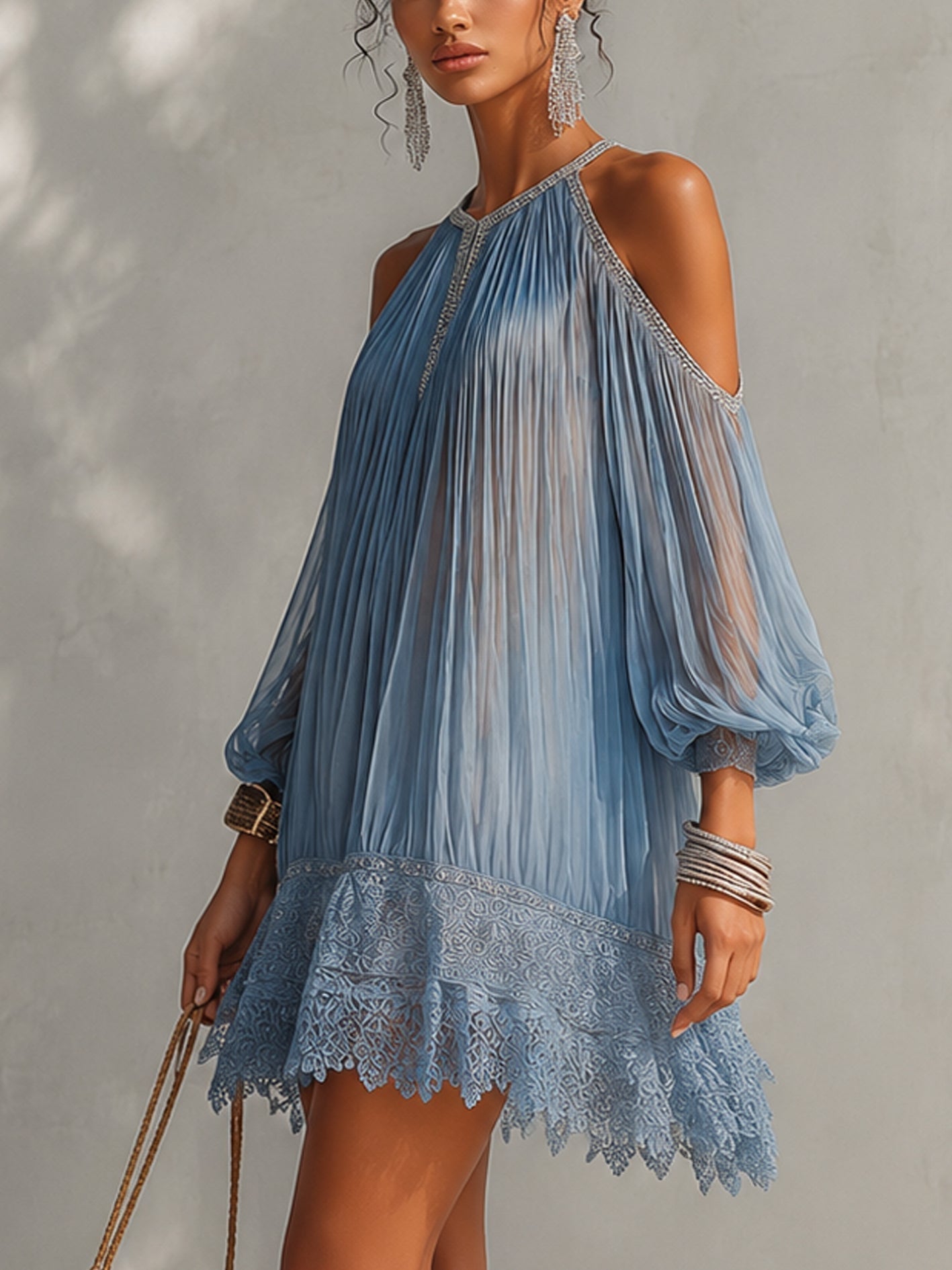 Molly | Blue Off-Shoulder Ruched Lace Hem Mini Dress