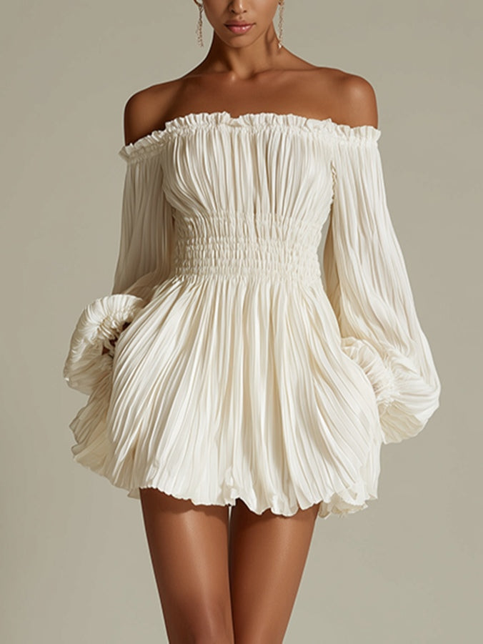 Amber | White Off-Shoulder Smocked-Waist Mini Dress