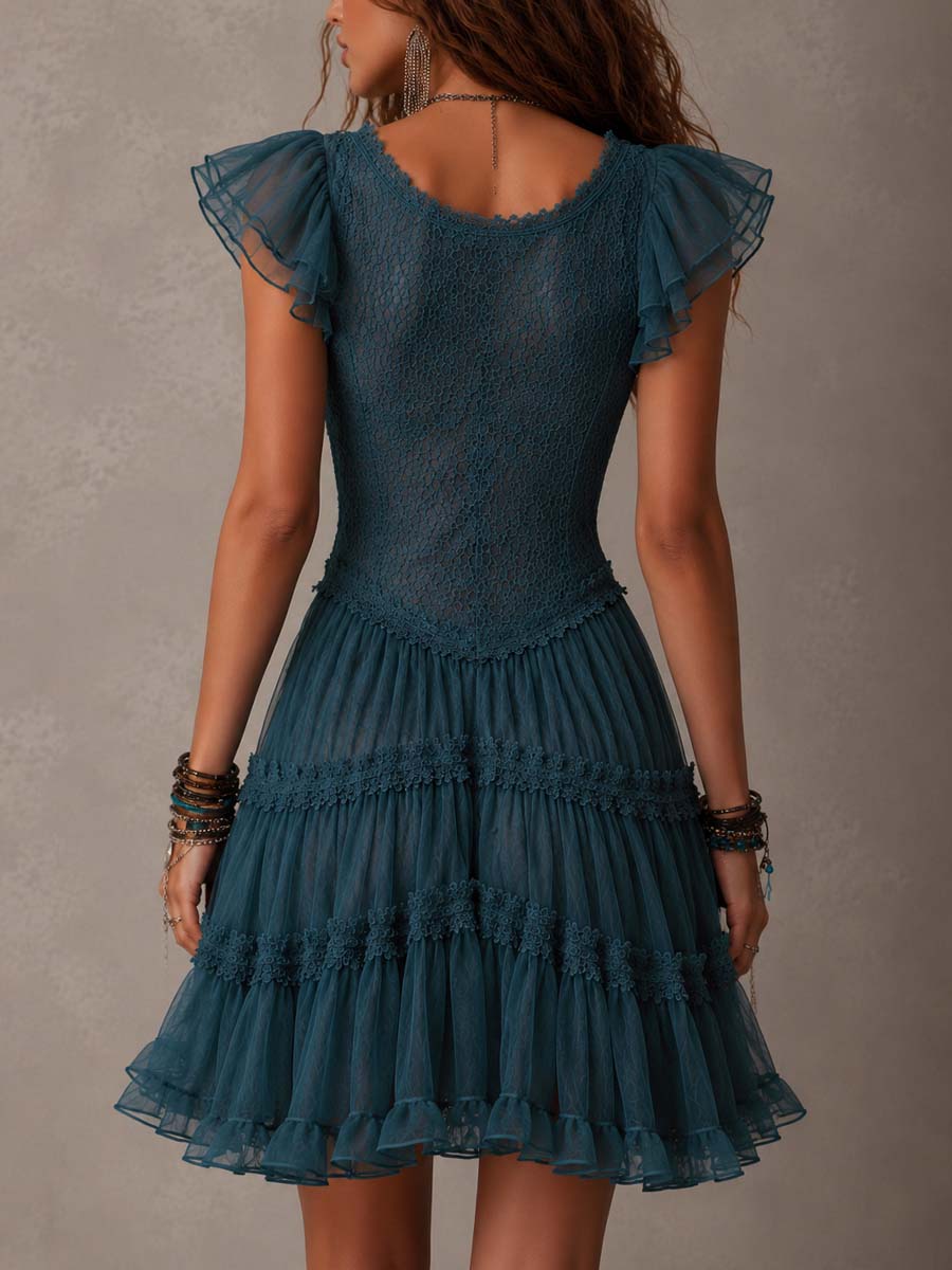 Adeline | Retro Blue Lace & Chiffon Ruffled Mini Dress