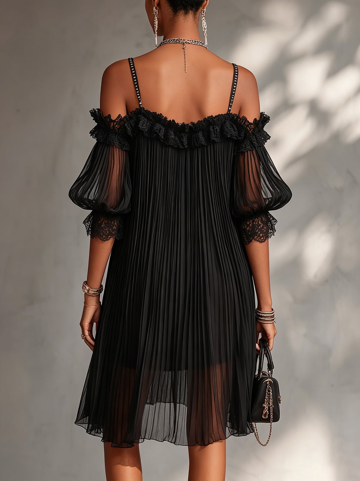 Clara | Black Off-Shoulder Lace Trim Pleated Mini Dress