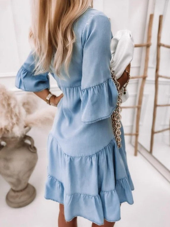 Isabelle | Washed Denim Solid A-Line Half-Sleeve Midi Dress