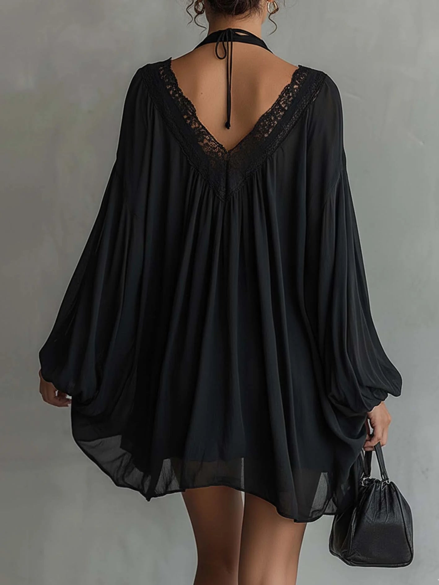 Melanie | Black Chiffon Halter Lace Neckline Mini Dress