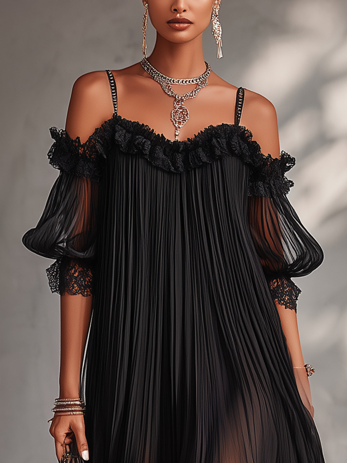 Clara | Black Off-Shoulder Lace Trim Pleated Mini Dress