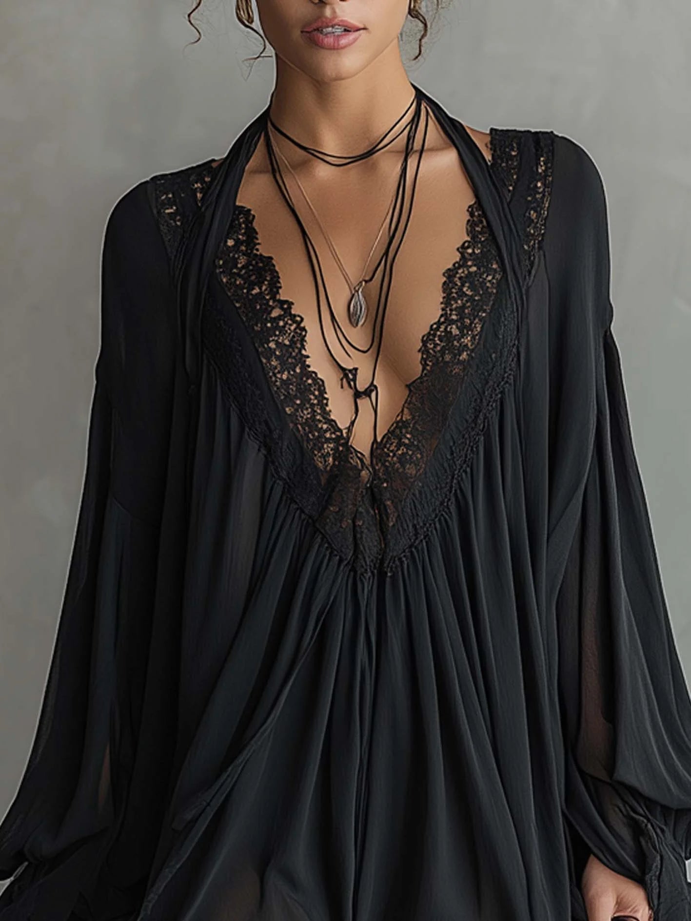 Melanie | Black Chiffon Halter Lace Neckline Mini Dress