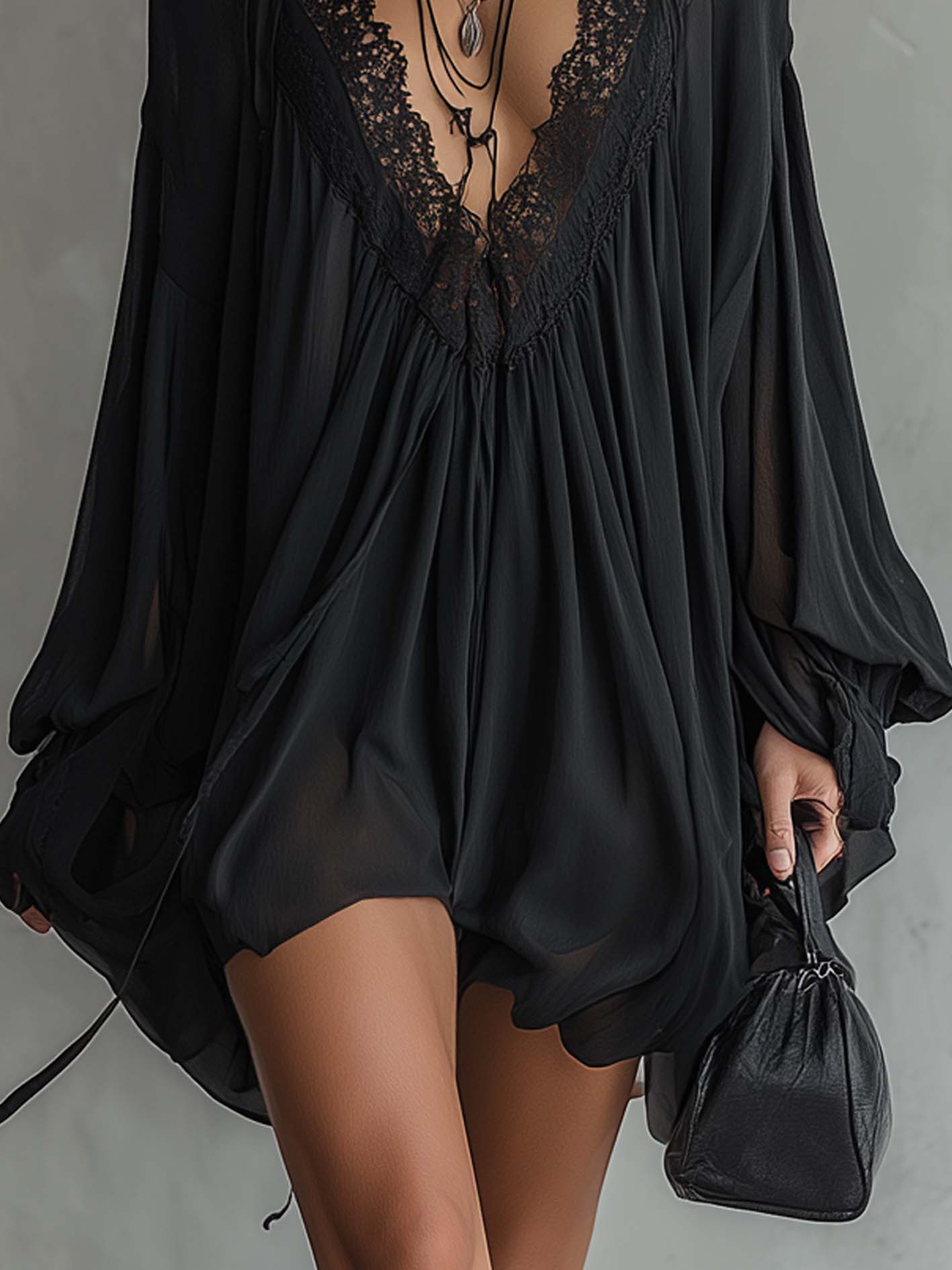 Melanie | Black Chiffon Halter Lace Neckline Mini Dress