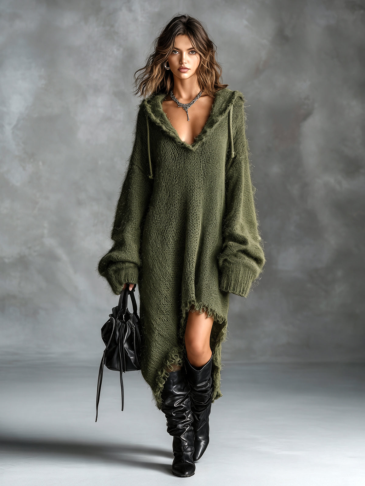 Hazel | Fuzzy Knit Hooded Midi Dress