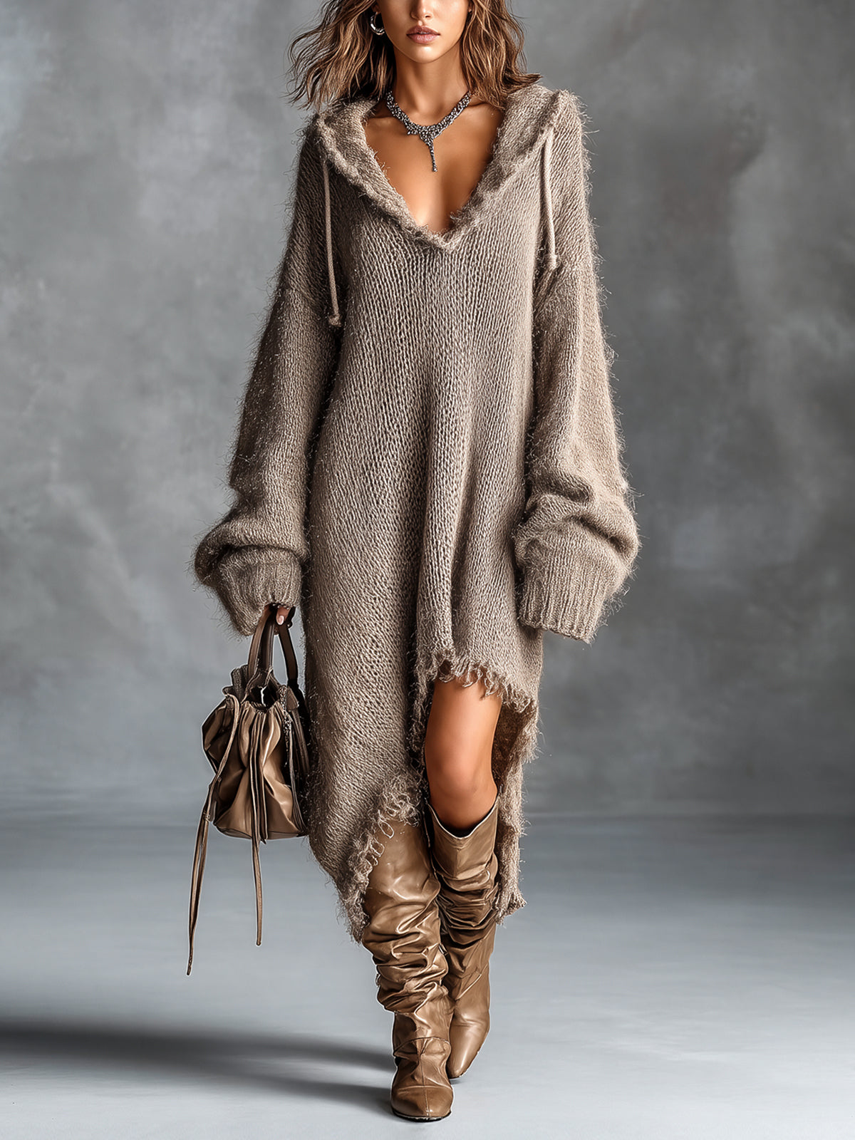 Hazel | Fuzzy Knit Hooded Midi Dress