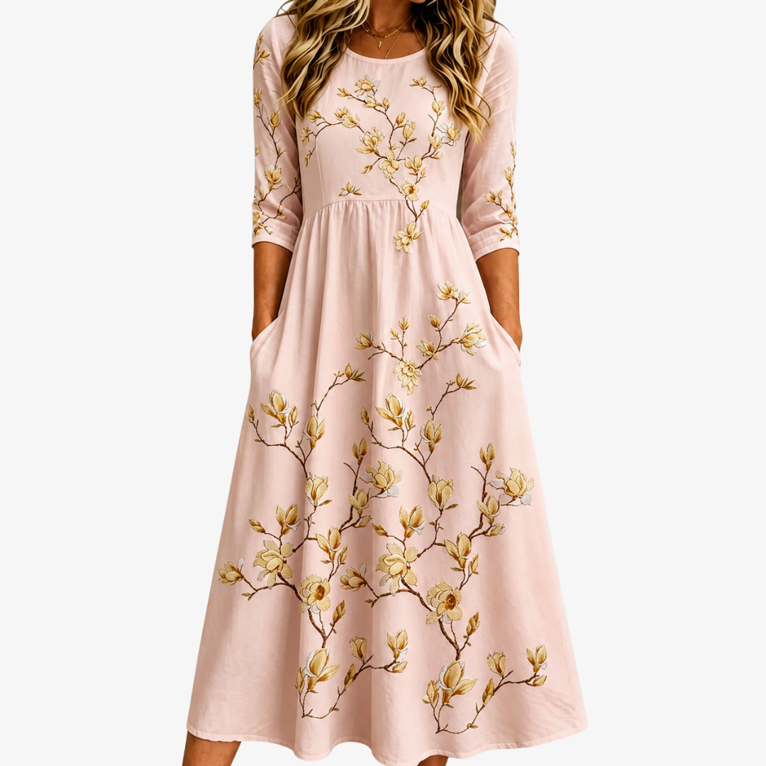 Gabriella | Golden Magnolia Blush Floral Pocket Midi Dress
