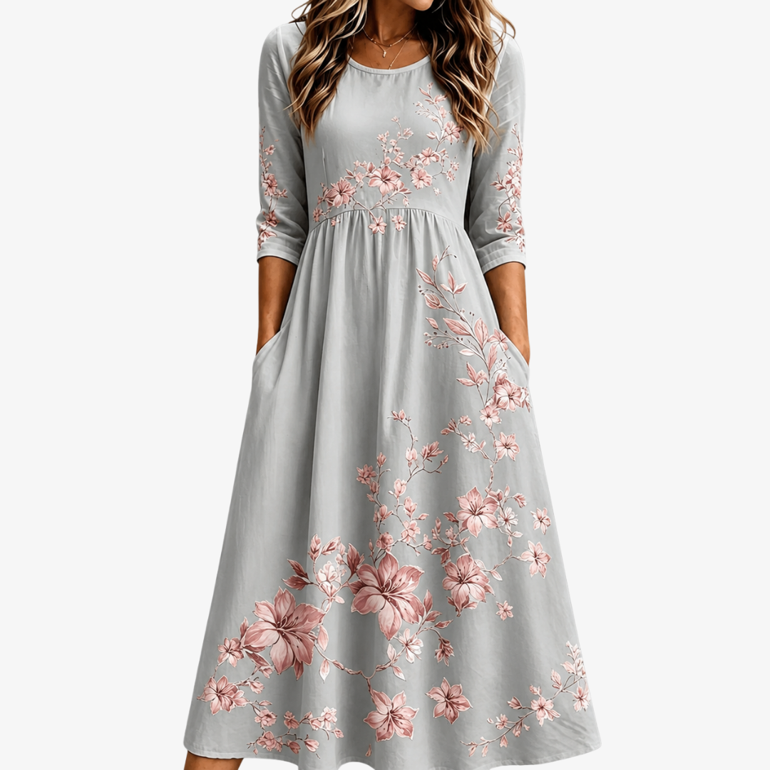 Emilia | Silver Blossom Retreat Soft Gray Floral Midi Dress