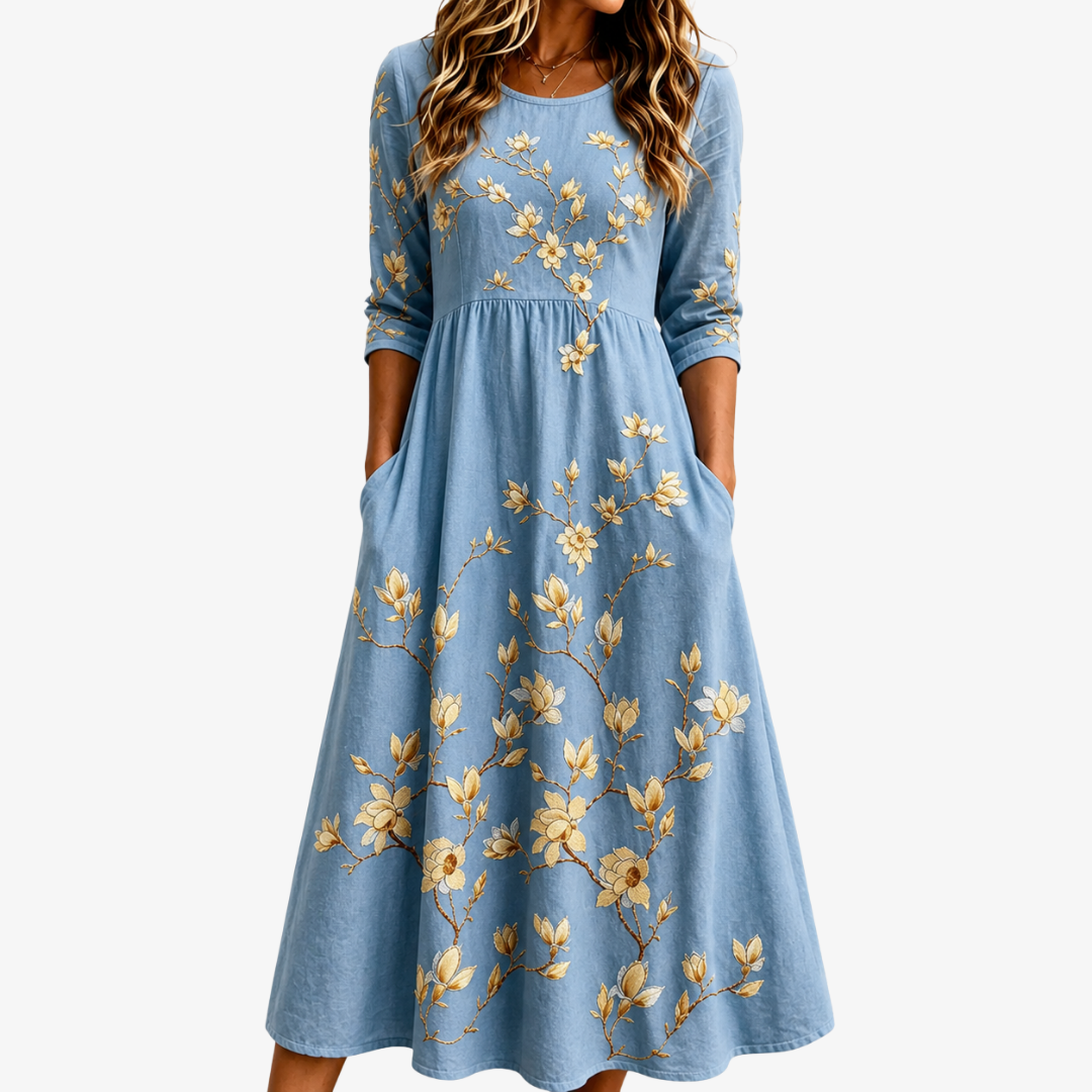 Audrey | Bluebell Meadow Golden Floral Pocket Midi Dress