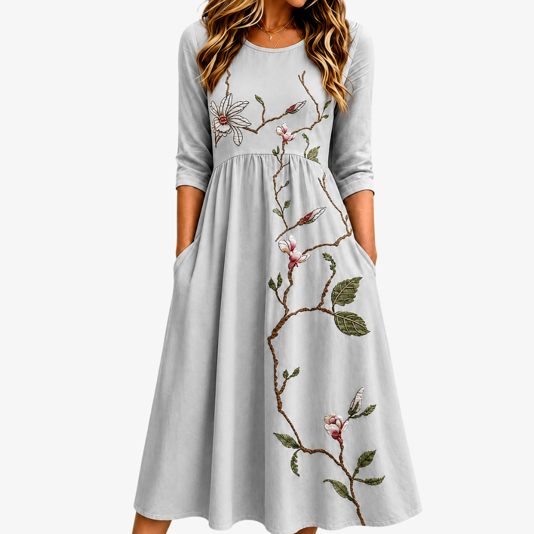 Allison | Silver Meadow Blossom Branch Pocket Midi Dress