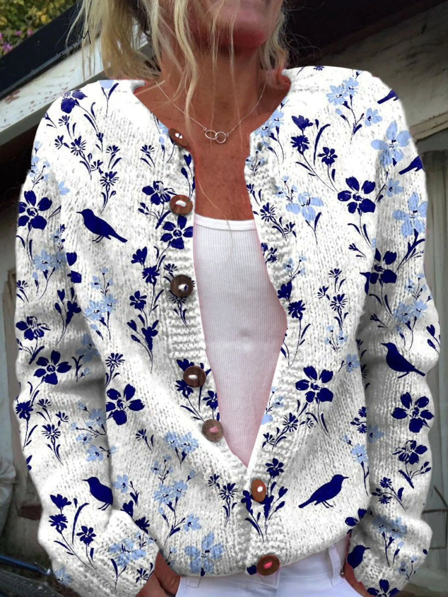 Abigail | Vintage Floral and Bird Print Button-Front Cardigan
