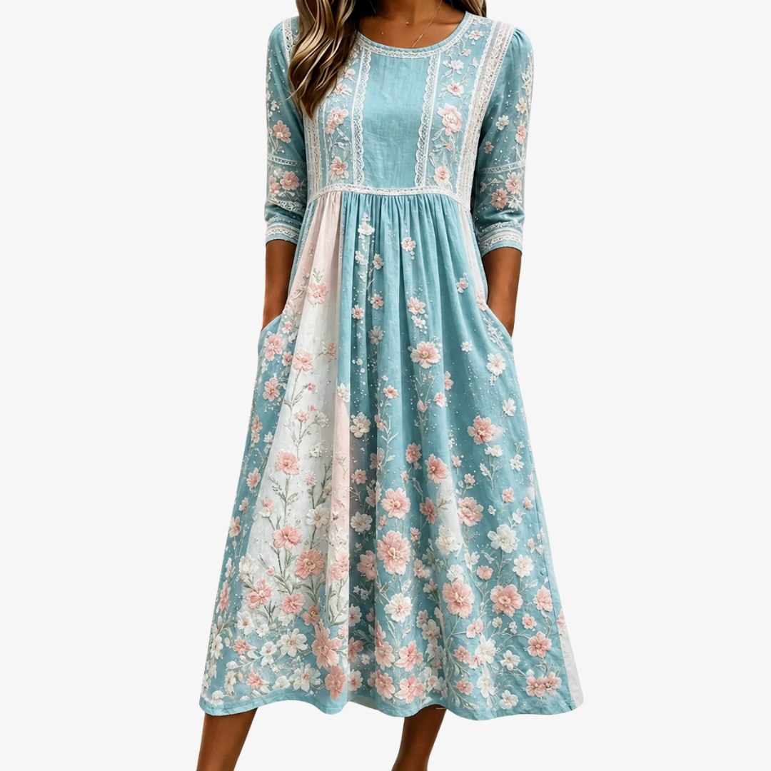 Ellie | Spring Blossom Patchwork Empire-Waist Midi Dress