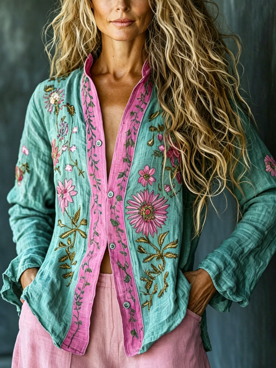 Hannah | Retro Embroidered Floral Shirt