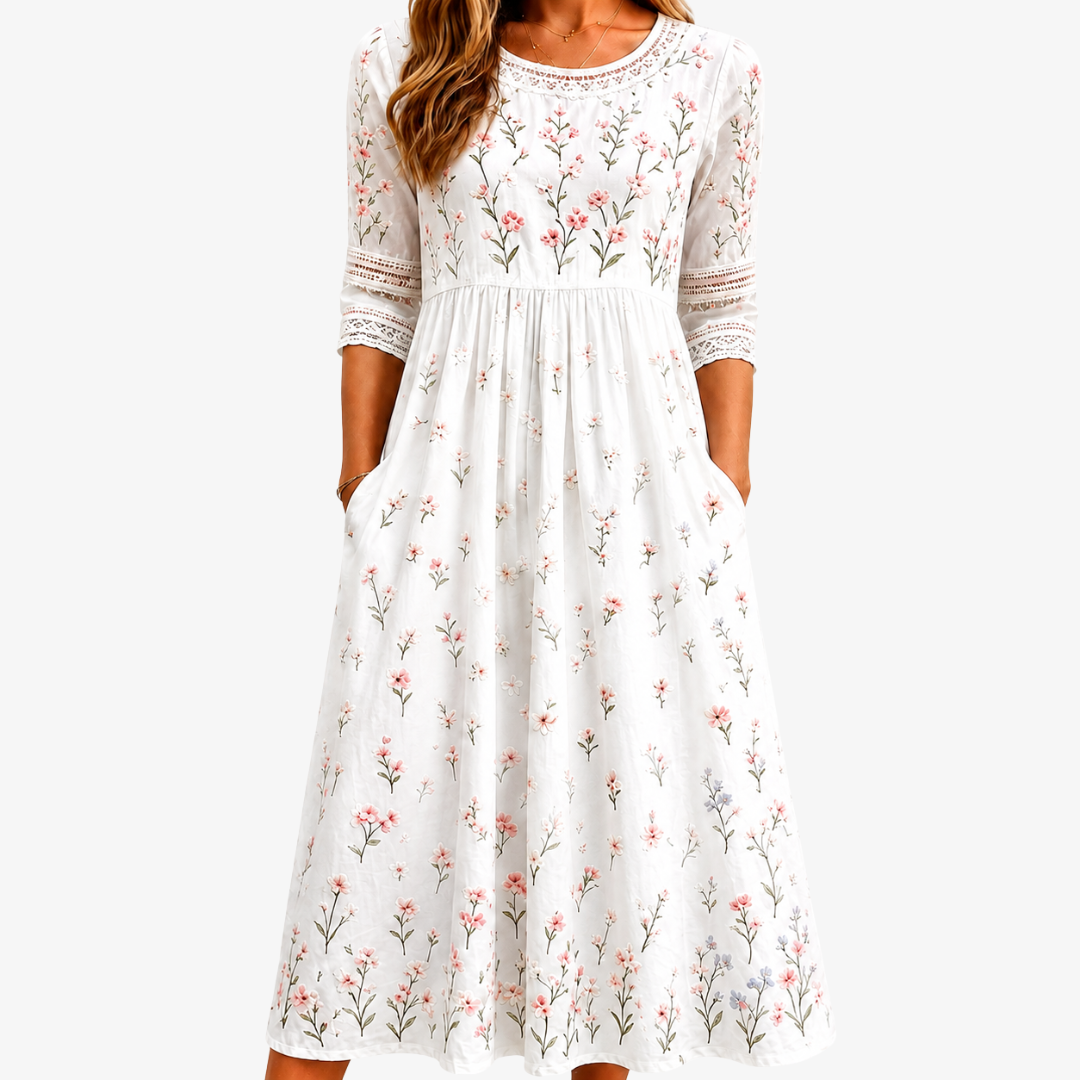 Faith | Whispering Wildflower Trimmed Floral Pocket Midi Dress