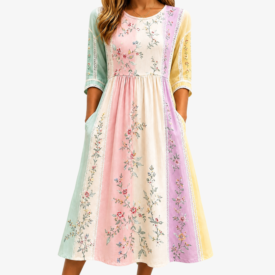 Lydia | Pastel Garden Paneled Floral Pocket Midi Dress
