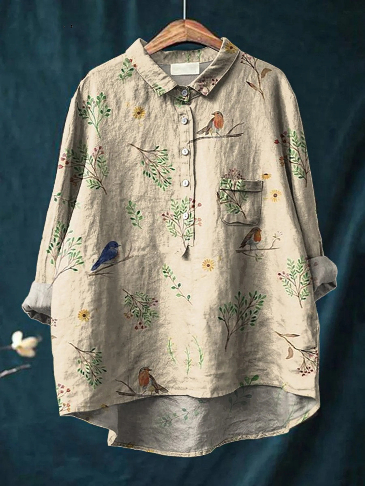 Emilia | Boughs and Robins Pattern Print Casual Shirt