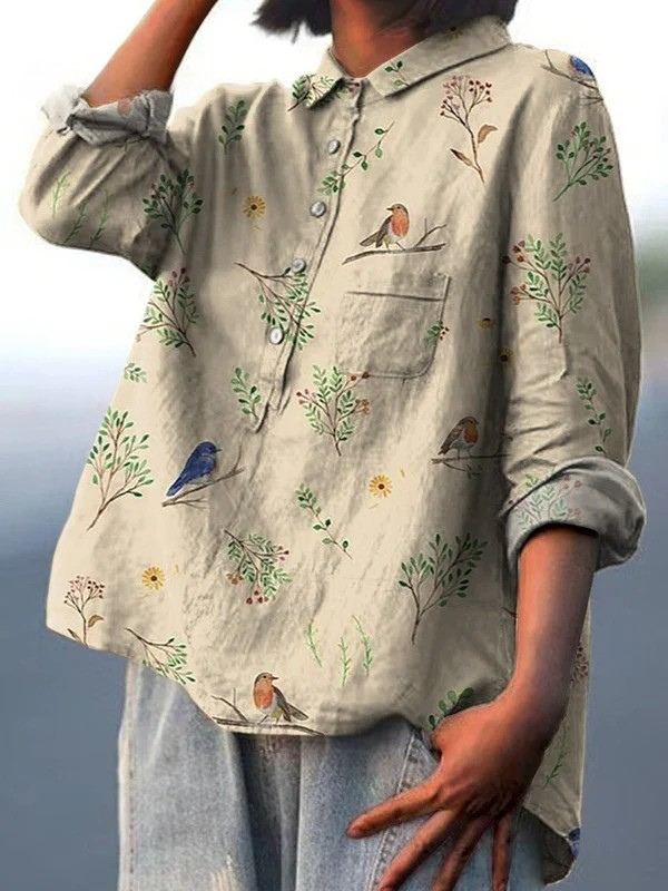 Emilia | Boughs and Robins Pattern Print Casual Shirt