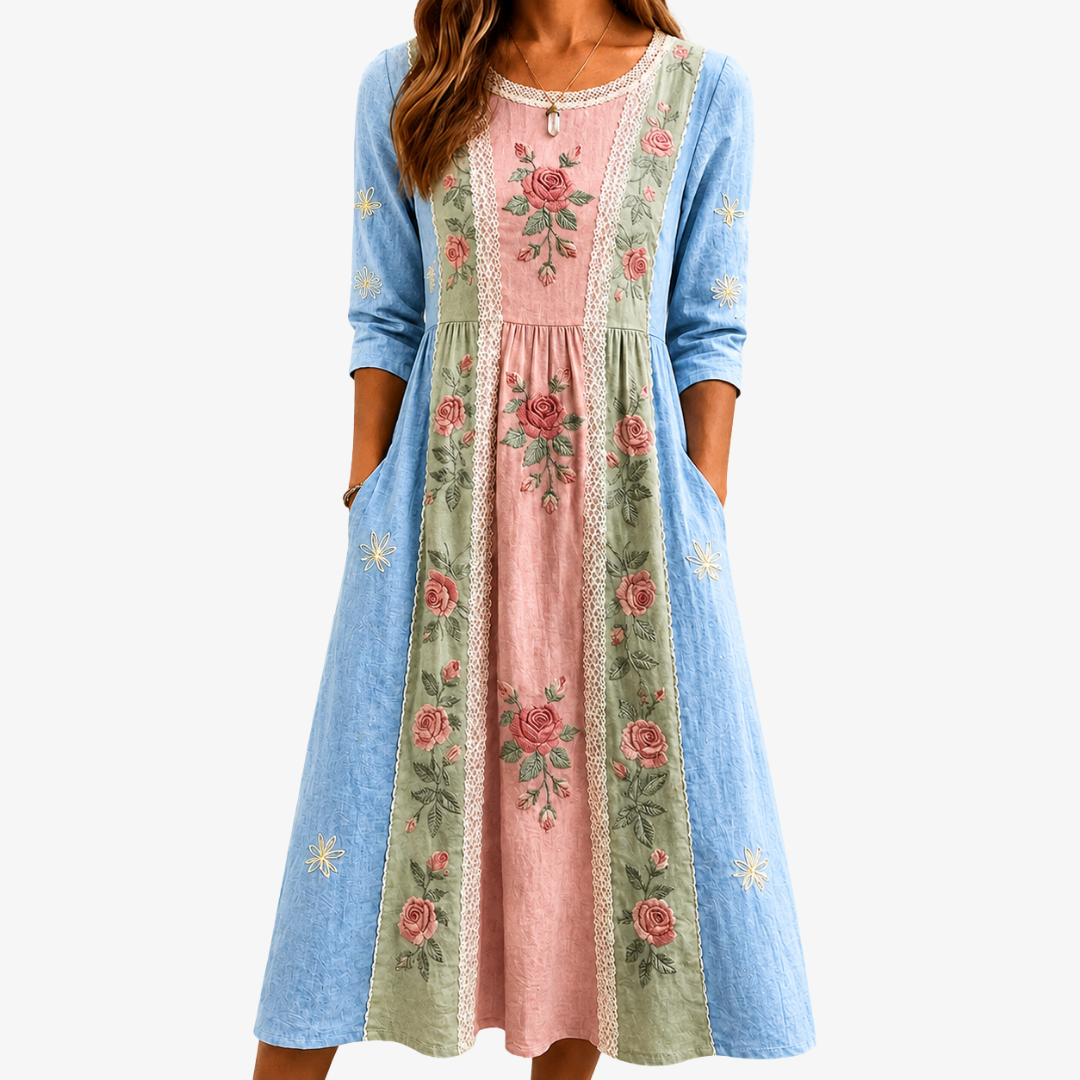 Leah | Vintage Rose Patchwork Pocket Midi Dress