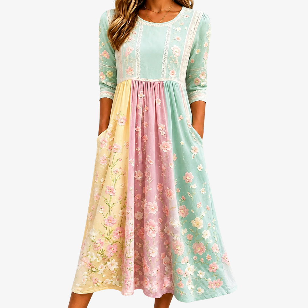 Kaylee | Spring Blossom Pastel Patchwork Pocket Midi Dress