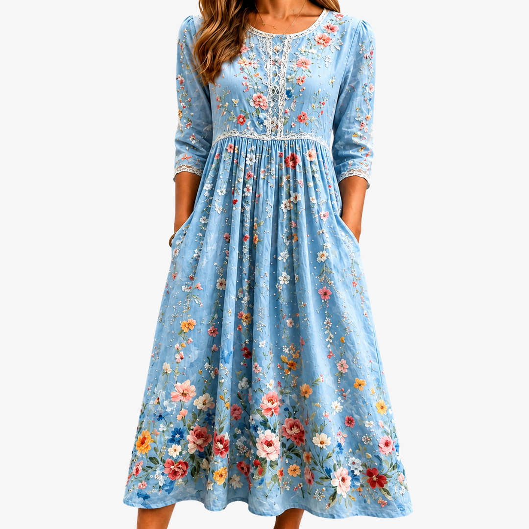 Ruby | Sky Blossom Lace-Trim Garden Midi Dress