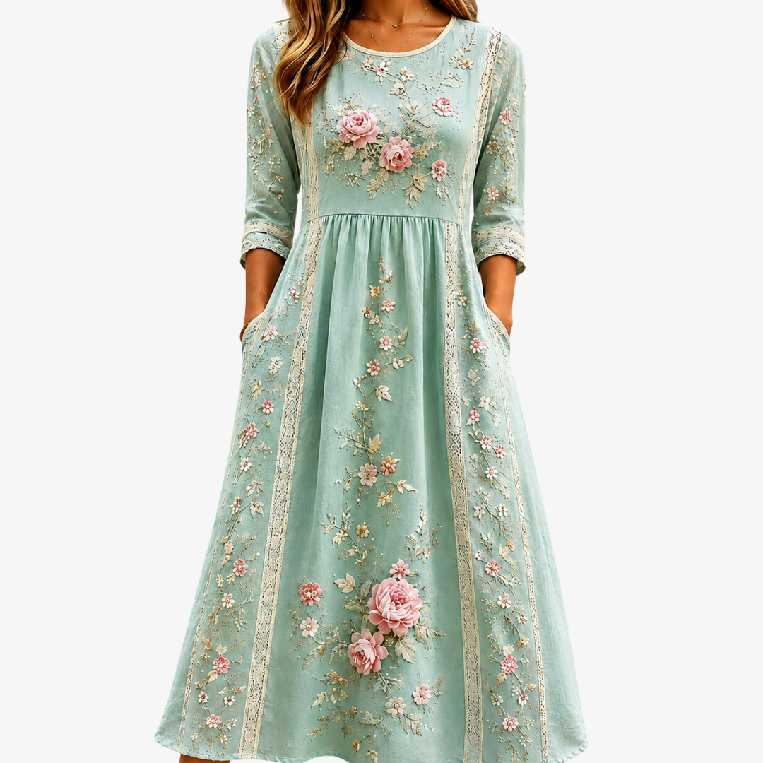Kennedy | Blush Rose Garden Grace Rose Bouquet Midi Dress