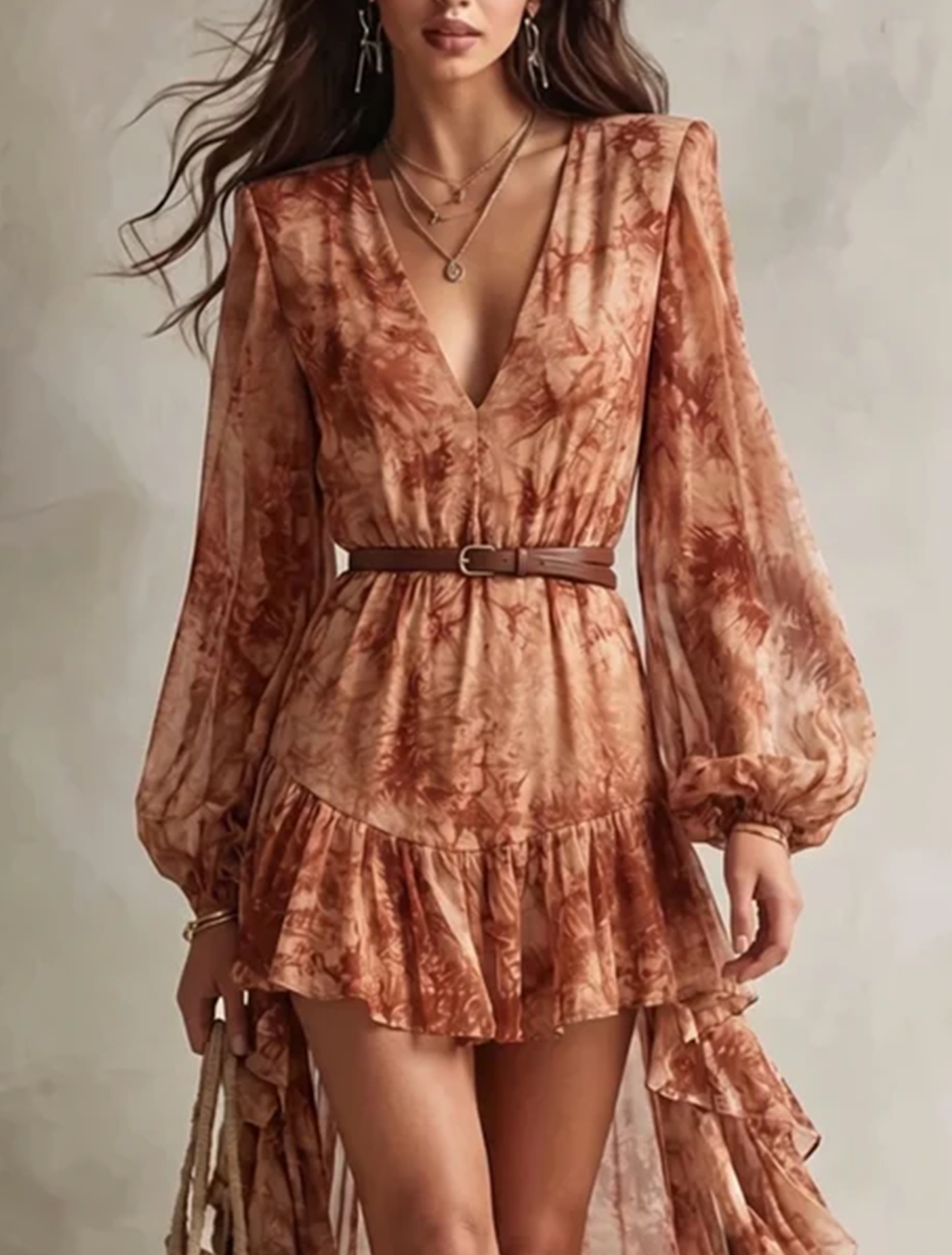Gabrielle | Terracotta Floral V-Neck High-Low Mini Dress