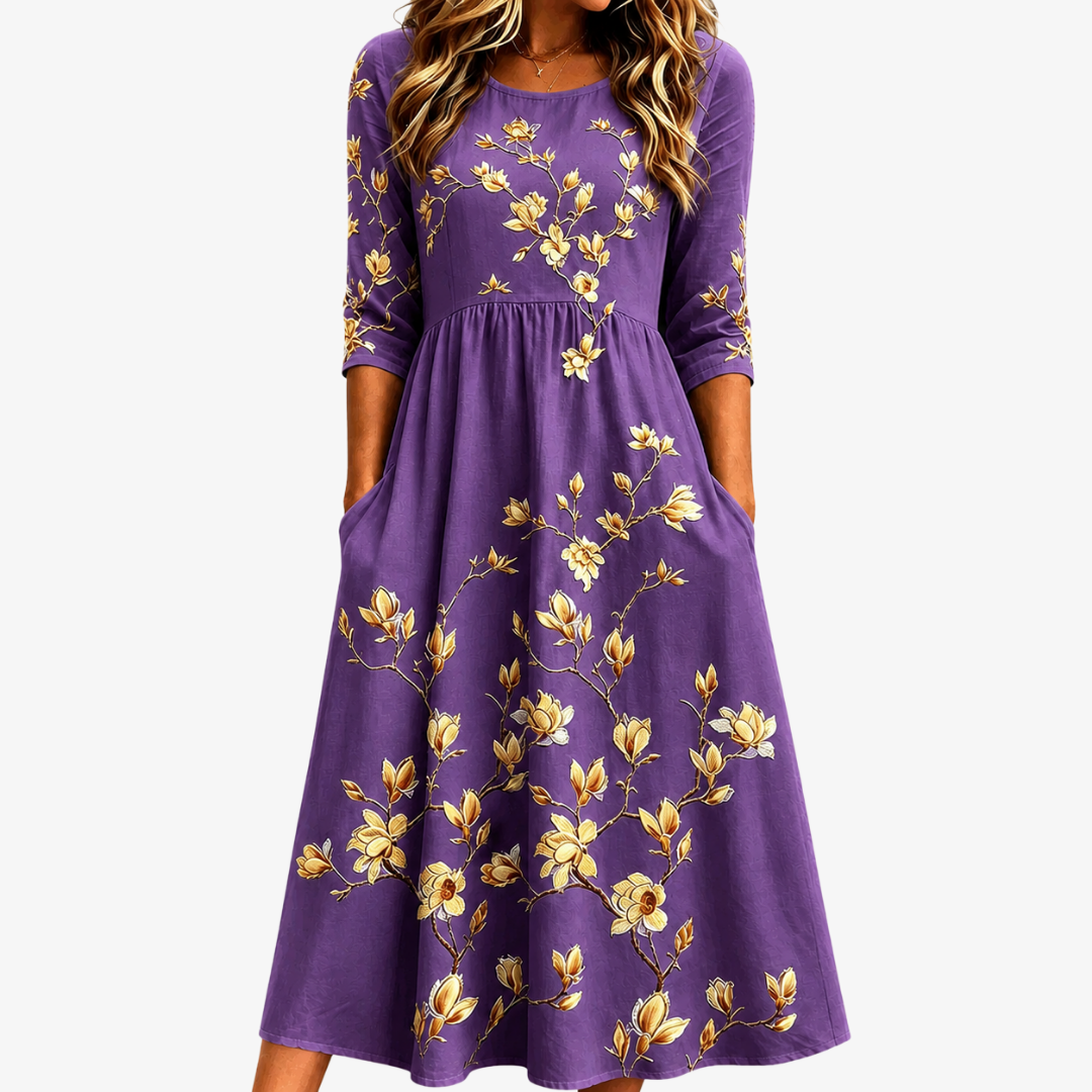 Aurora | Golden Magnolia Charm Purple Floral Pocket Midi Dress