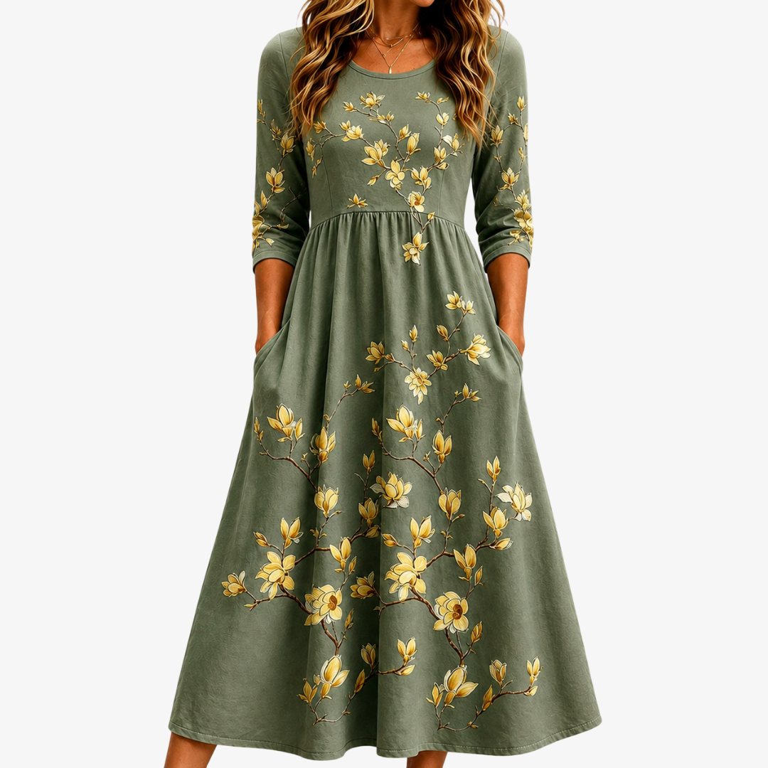Gianna | Sage Blossom Grace Golden Floral Pocket Midi Dress