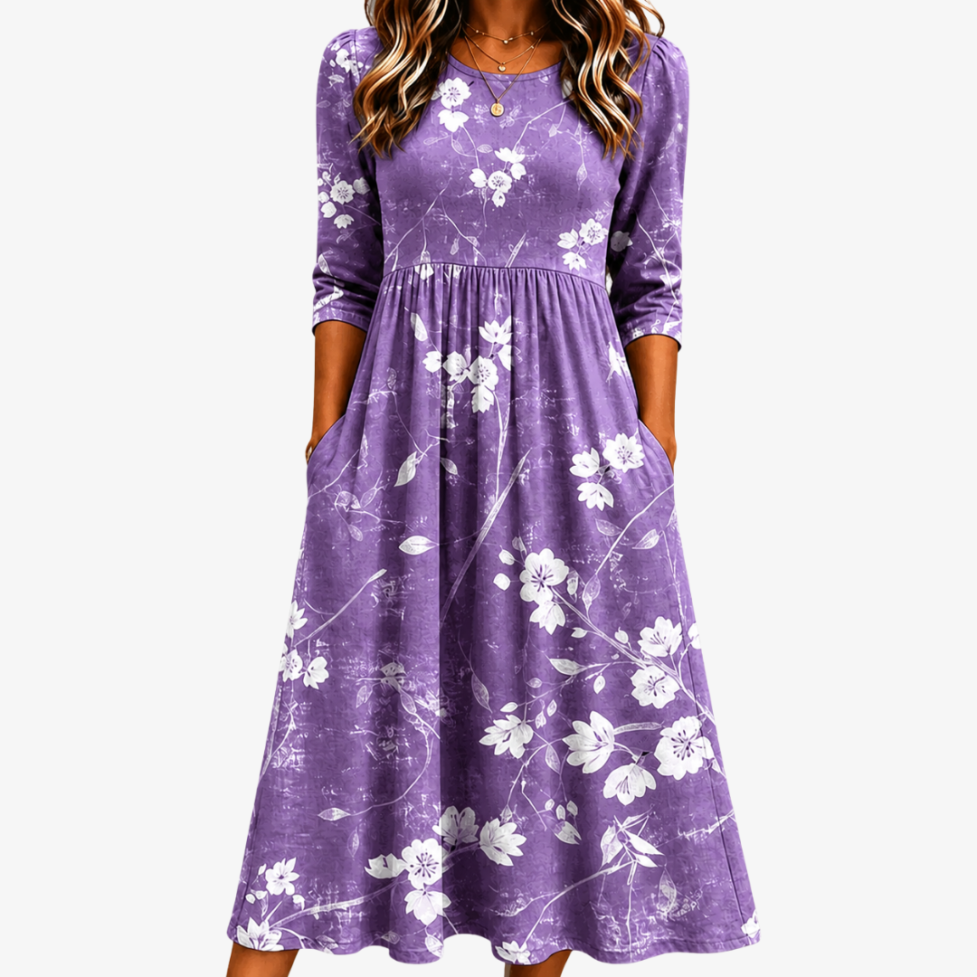 Josephine | Lavender Bloom White Floral Comfort Pocket Midi Dress