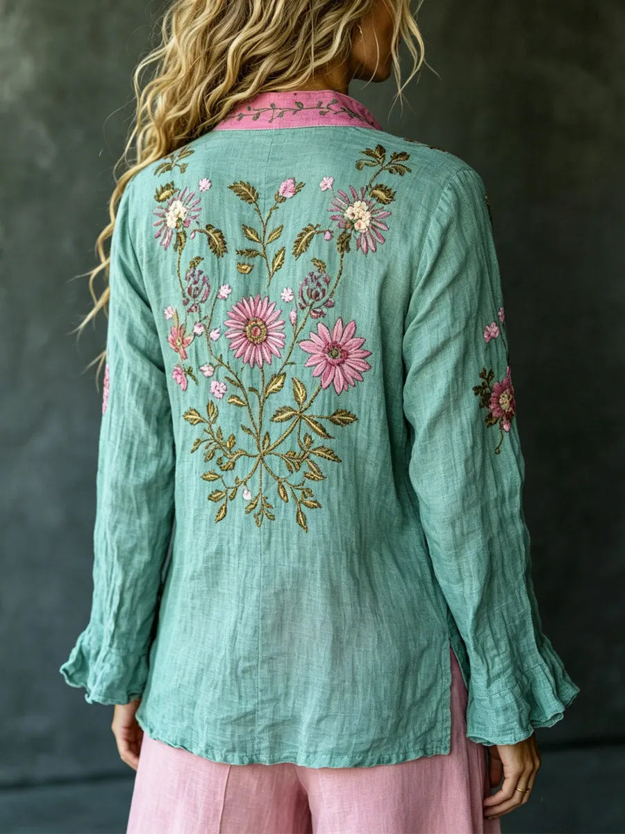 Hannah | Retro Embroidered Floral Shirt