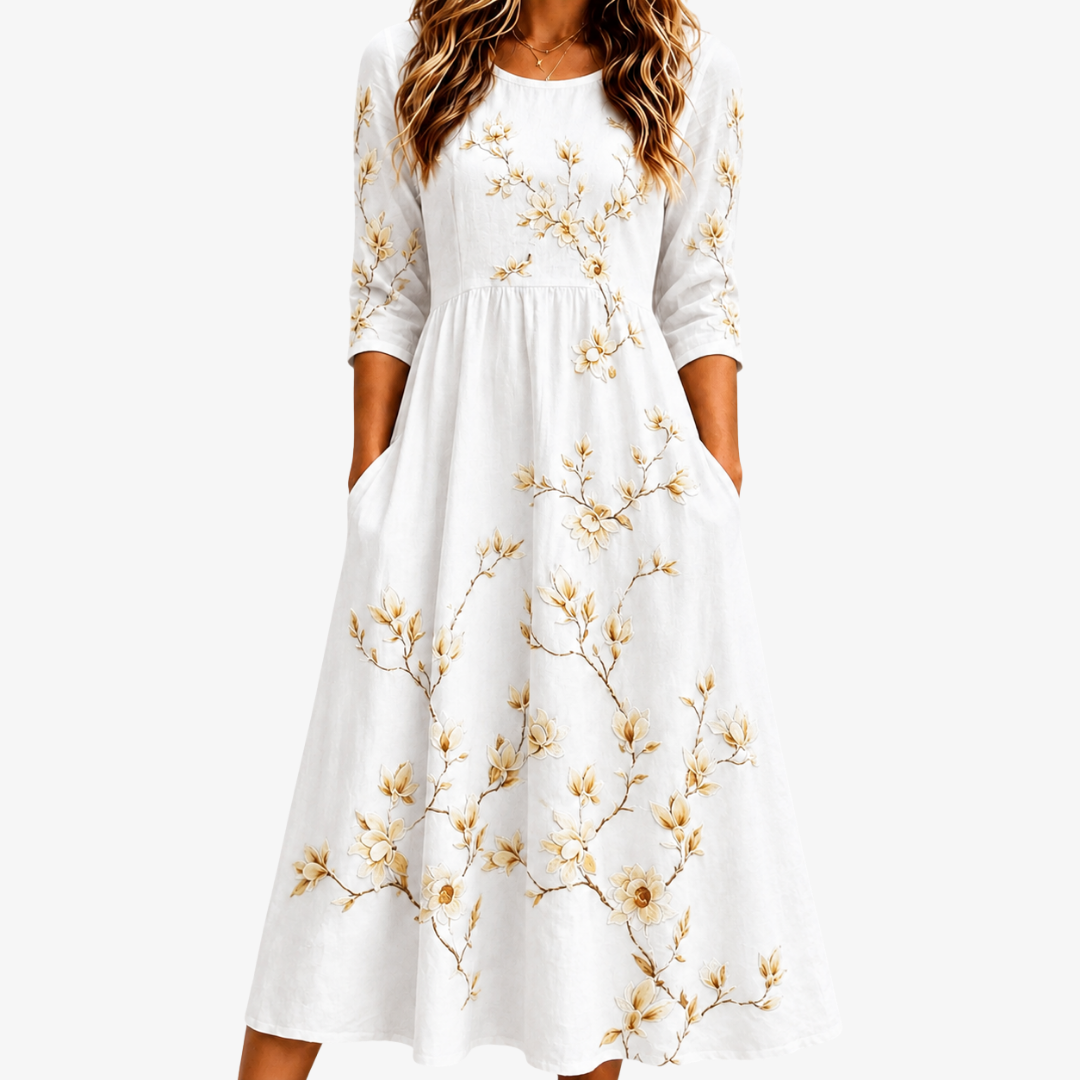 Everly | Ivory Blossom Grace Golden Floral Pocket Midi Dress