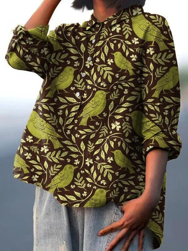 Naomi | Vintage Floral and Birds Art Print Casual Shirt