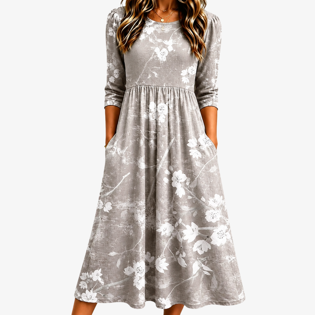 Autumn | Silver Blossom Grace Pocket Midi Dress