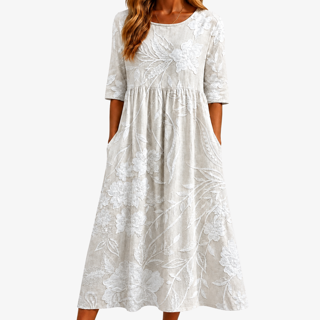 Stella | Whispering Garden Neutral Floral Pocket Midi Dress