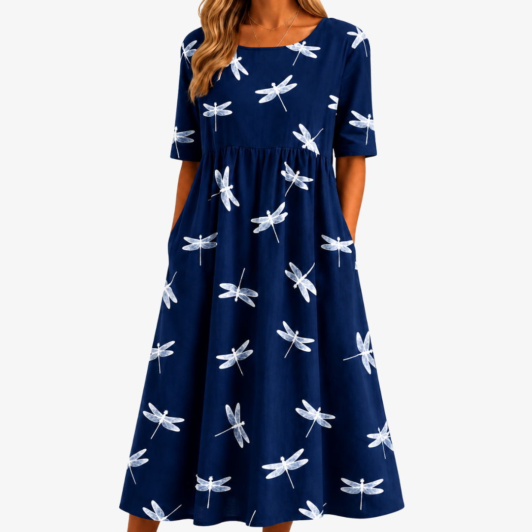 Sarah | Dragonfly Breeze Navy Pocket Midi Dress
