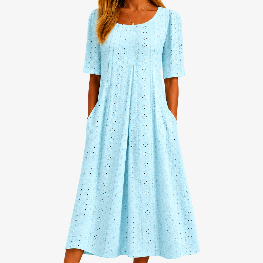 Alexandra | Skylight Grace Sky-Blue Eyelet Pocket Midi Dress