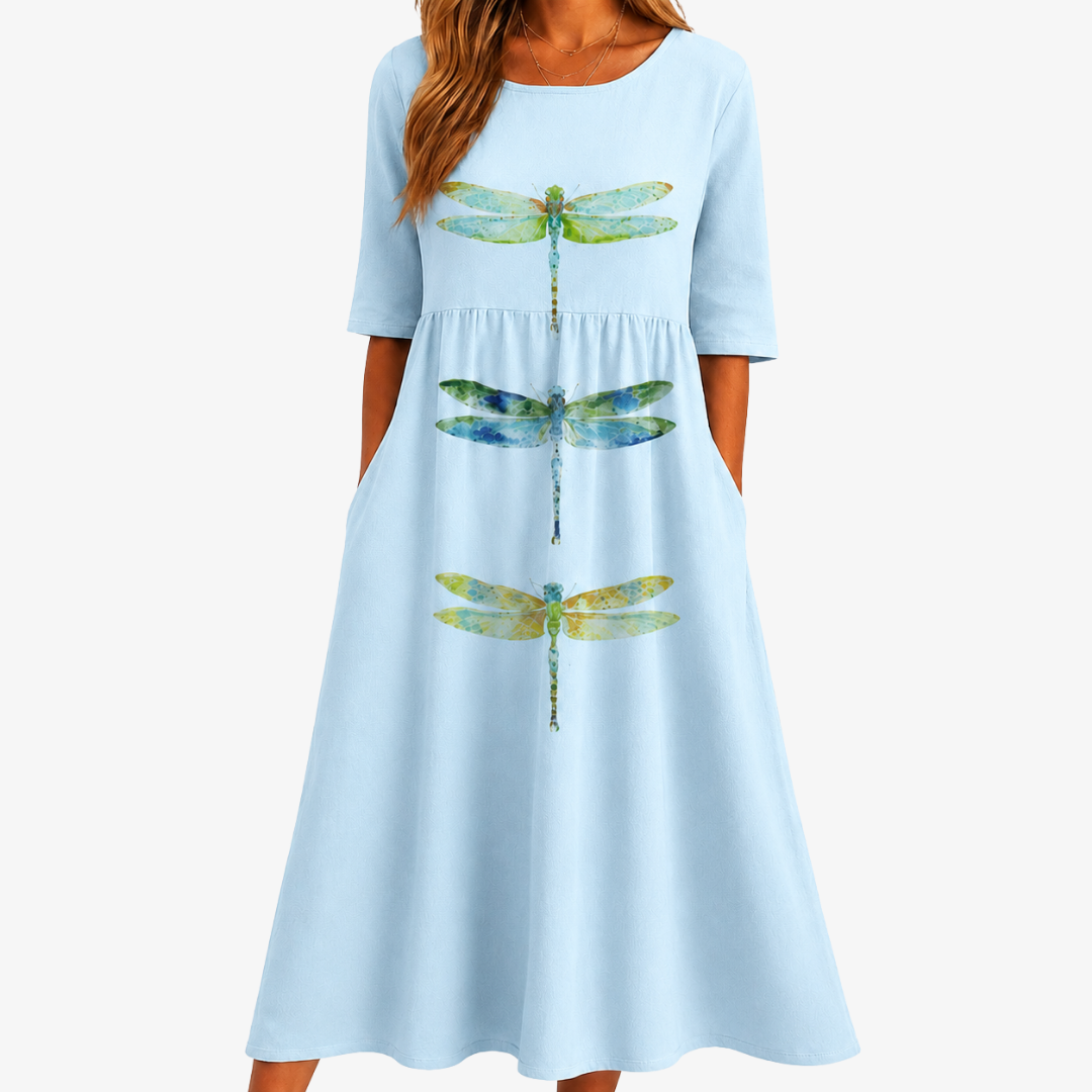 Ariana | Sky Meadow Dragonfly Pocket Midi Dress