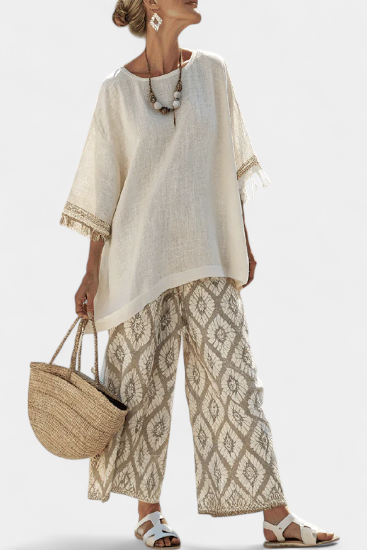 Harper | Fringed Ethnic Print Trouser Set