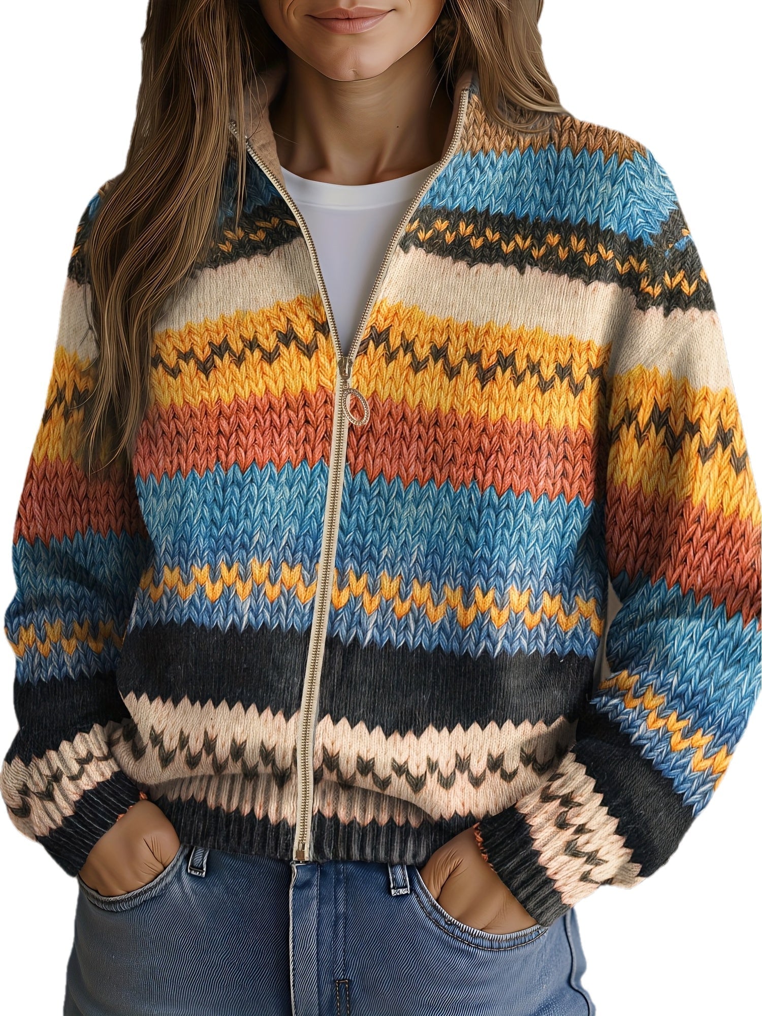 Maya | Multicolor Chevron Stripe Zip Cardigan