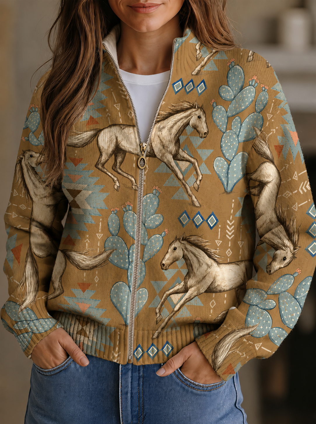 Jade | Desert Horse and Cactus Zip Cardigan