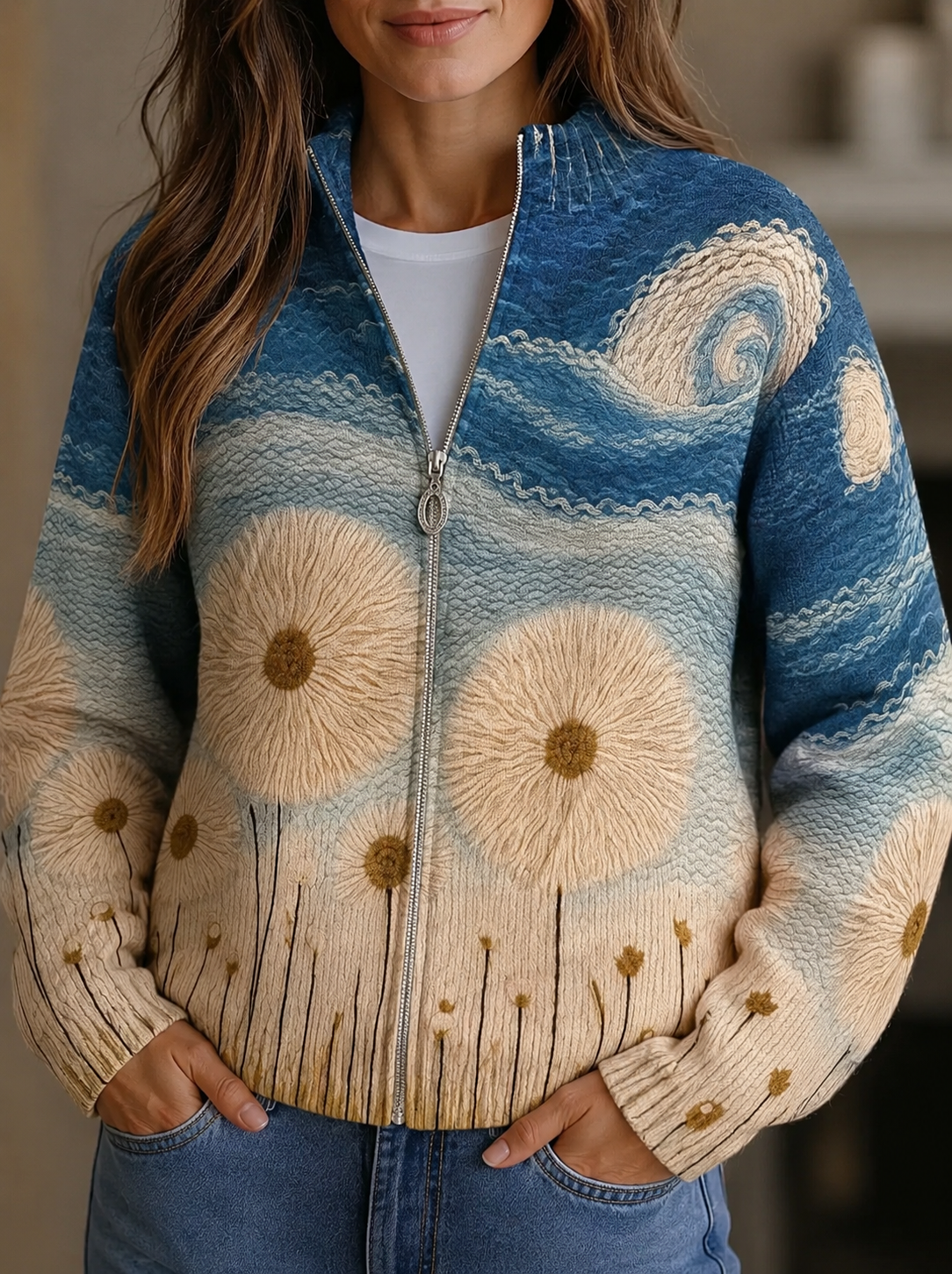 Adeline | Sunflower Meadow Zip Cardigan
