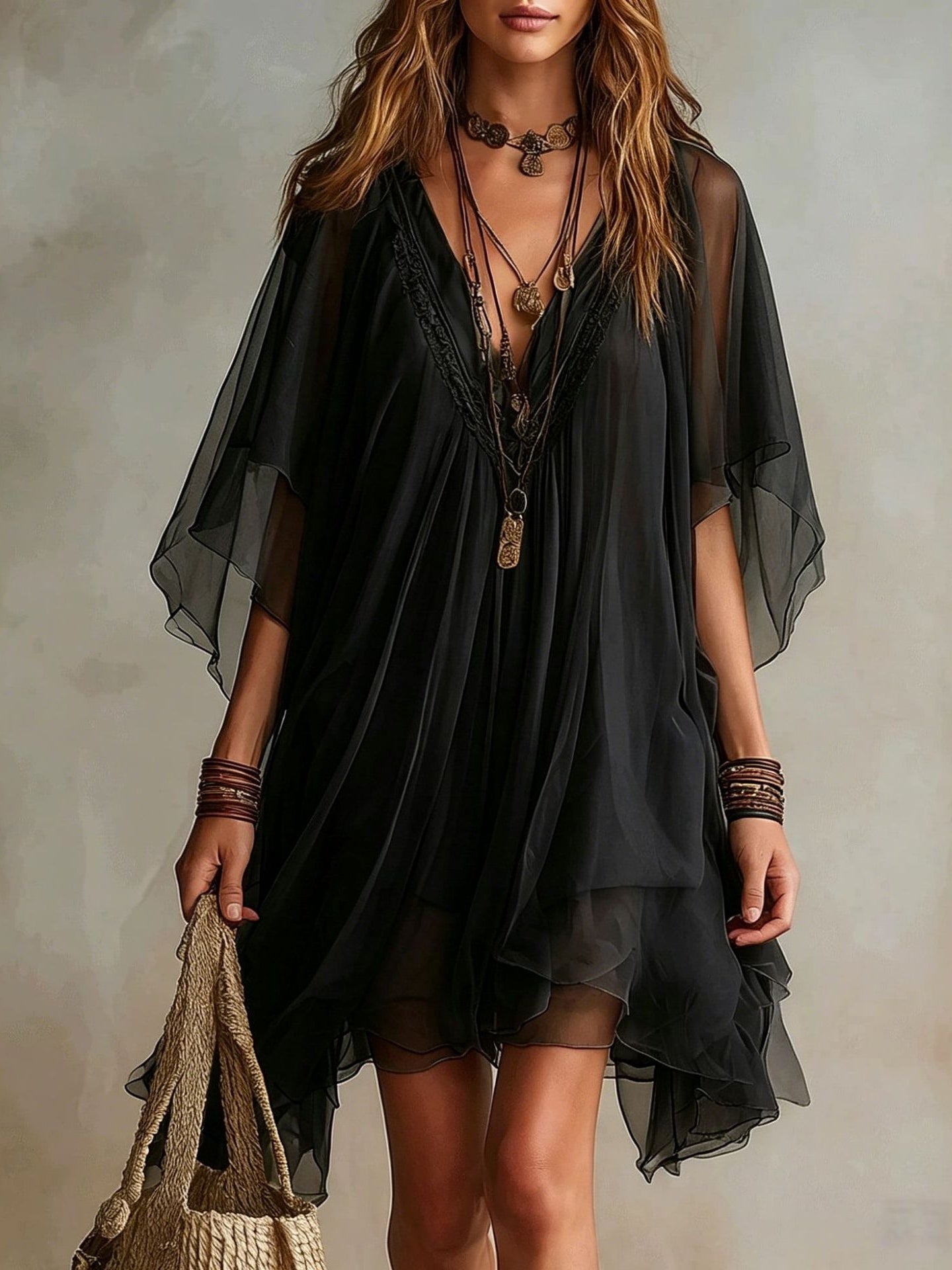 Aubree | Green Layered V-Neck Flowy Mini Dress